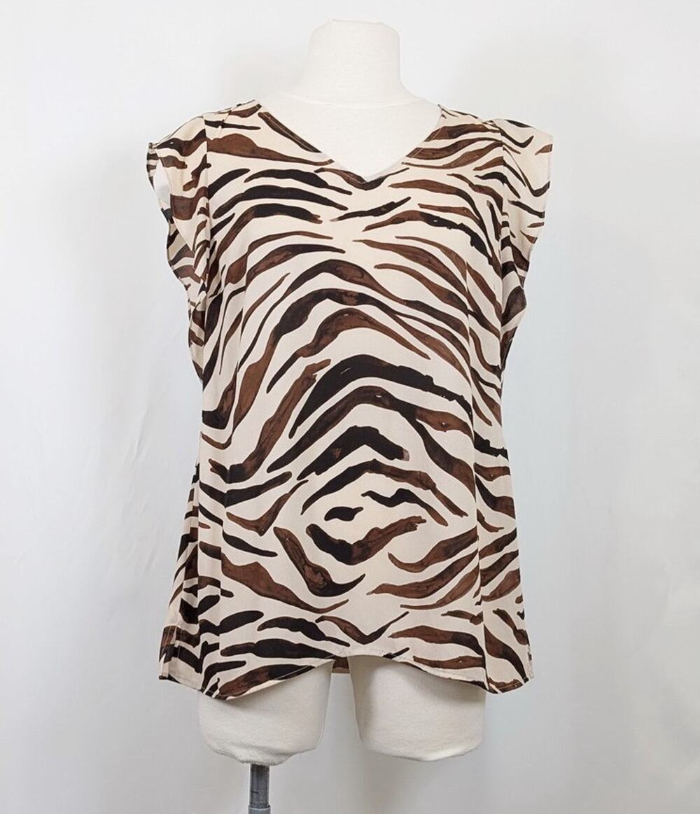 CAbi Blouse Simone Cream Brown Zebra Print Women's Size XL 3771